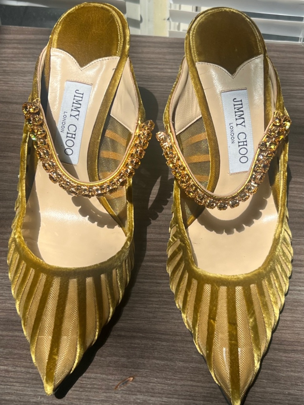 Jimmy Choo Bing 100 Mule Crystal Green Velvet and Mesh Heels, Women's Size 39.5